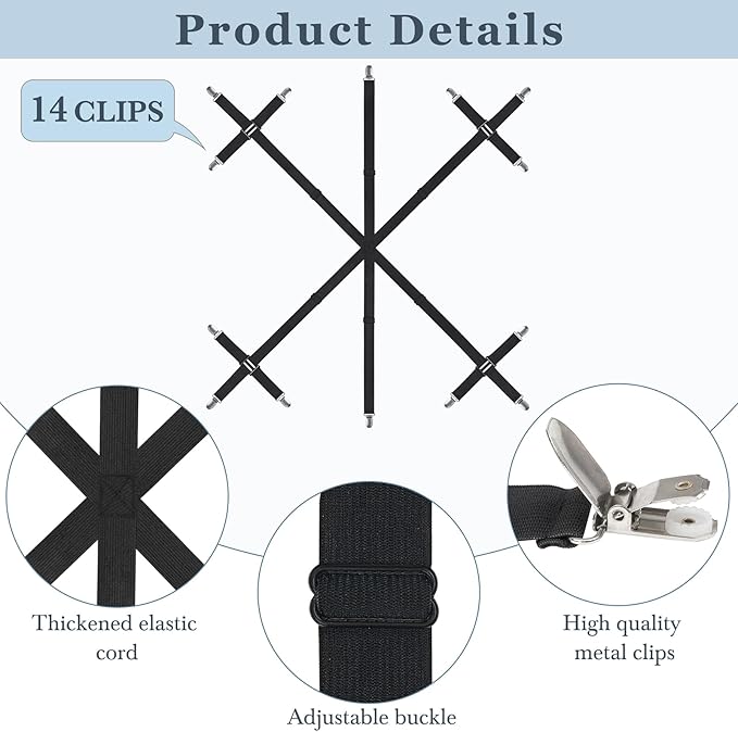 Mkono Bed Sheet Straps Fitted Sheet Clips Holder Keep Sheets Firm & Tight 6 Way Cross 14 Clips Sheet Suspenders for King Queen Twin Bed Round Square Mattresses Dorm Room Essentials, Black, 2 Pack