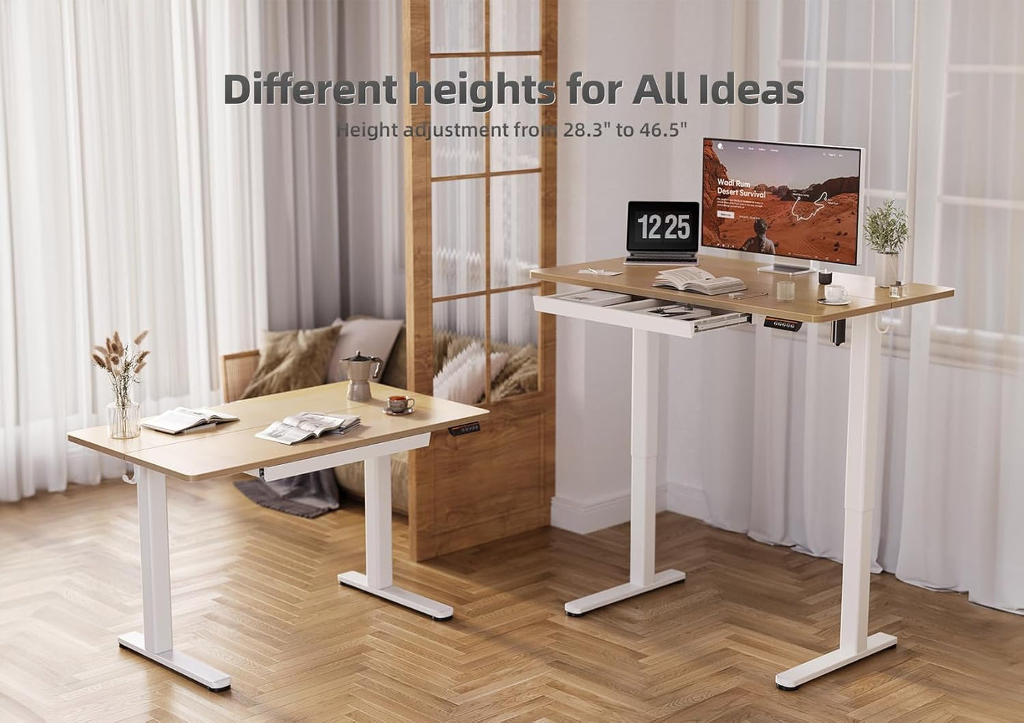 YDN Standing Desk with Drawers, Height Adjustable Desk 48 x 24 Inch, Electric Sit Stand Home Office, Natural