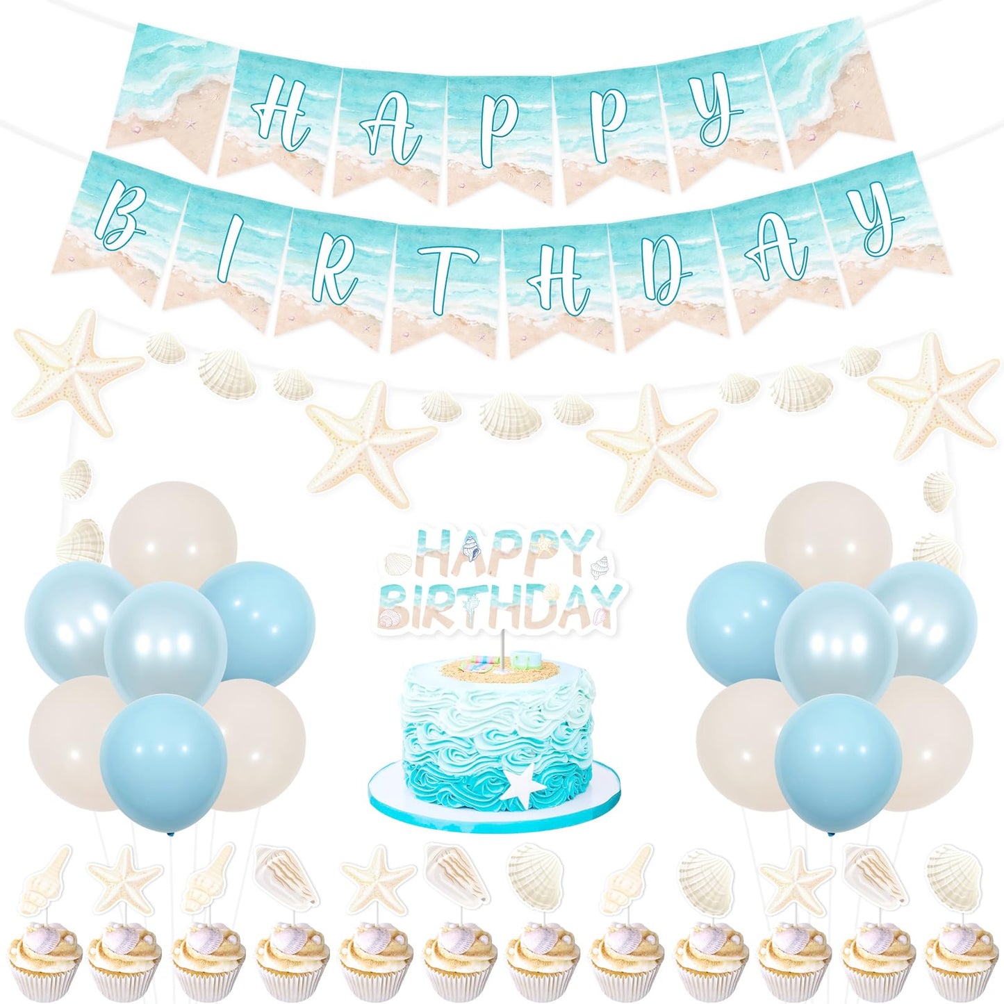 Kreatwow Beach Shell Birthday Decorations Shell Happy Birthday Banner Garland Cake Toppers Summer Seaside Ocean Ocean Waves Party Decors Sea Surf Nautical Coastal Mermaid Birthday Party Supply