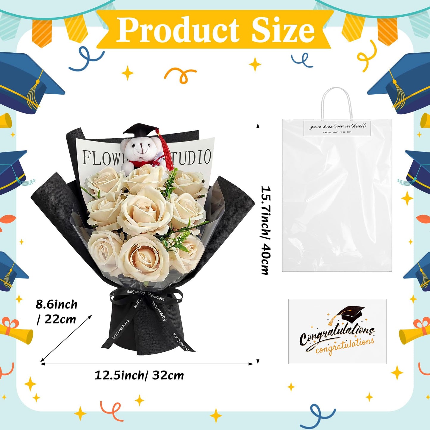 Giegxin 3 Pcs Graduation Bear Flower Bouquet Set Includes Artificial Roses Flower Bouquet Mini Plush Bear with Grad Cap Greeting Card Gift Bag for 2026 Graduation Party Favors Supplies (Yellow)