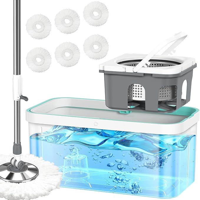 Spin Mop and Bucket Set with Wringer and 6 Extra Microfiber Heads for Floor Cleaning 61" Extended Handle 5-GAL Heavy-Duty Design for Hardwood Tile Laminate Home Cleaning Tools