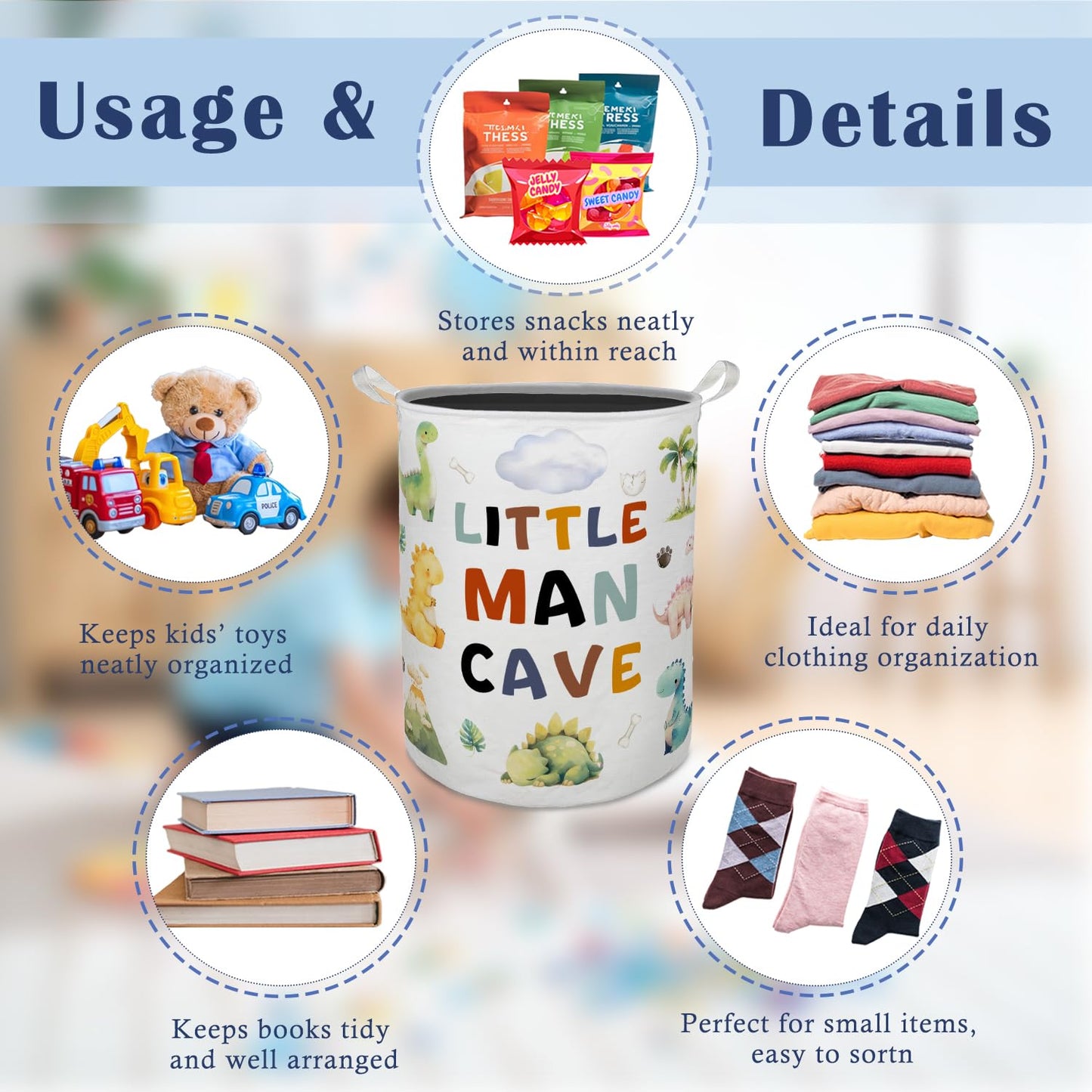 TAZSWDMM Dinosaur Nursery Boy Laundry Basket Hamper, Tropical Dinosaur Little Man Cave Foldable Clothes Toys Books Storage Box Bins Baskets Organizer for Kids Boys Toddler Room Playroom