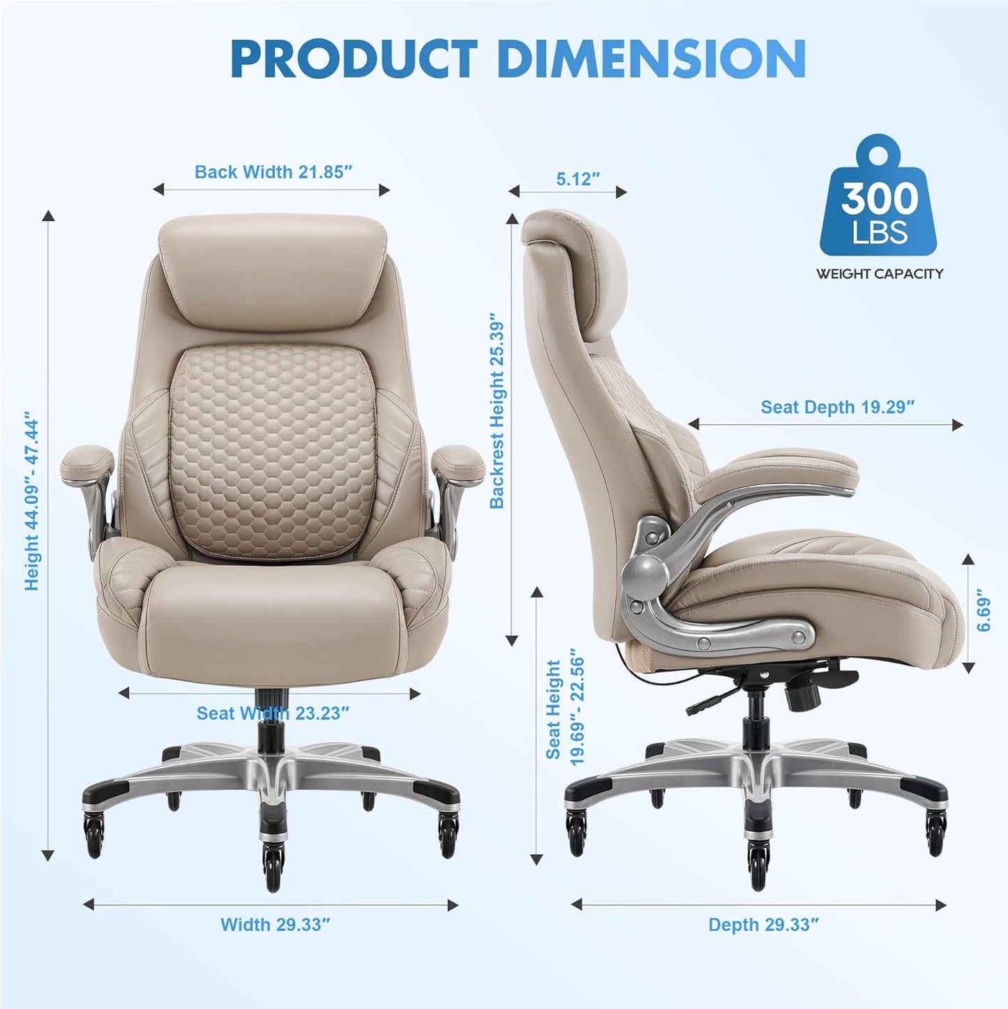 COLAMY Office Ergonomic Desk High Back Executive Chair with Pop-Out Lumbar Support, Upgraded Casters, Adjustable Headrest, Flip-Up Arms, Leather Home with Thick Cushion for Comfort - Khaki