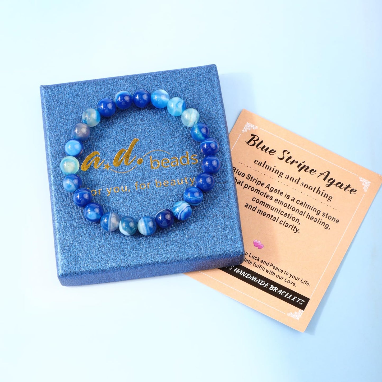 AD Beads 4mm Handmade Blue Stripe Agate Elastic Bracelet – Natural Gemstone for Calming and Soothing – Meditation, Yoga, Healing and Energy Gift for Men Women