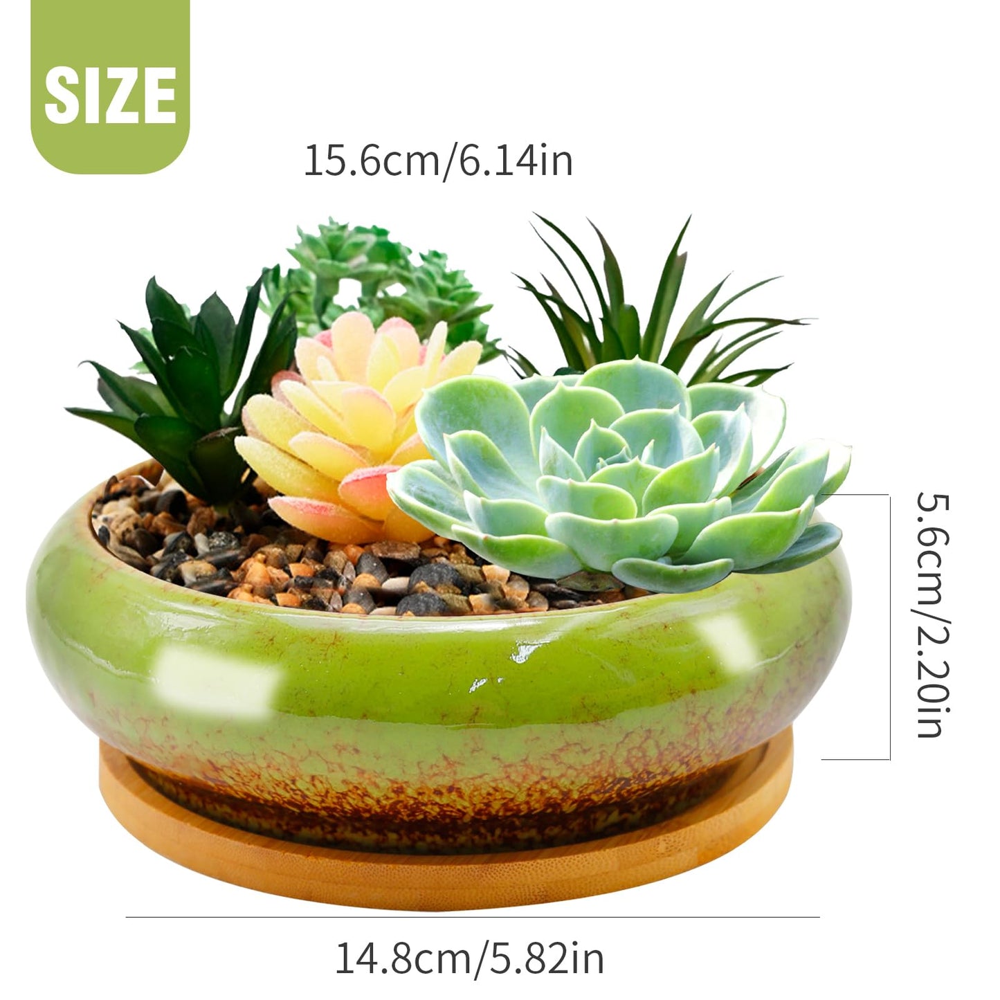 MDEOOSKY 6.14inch Round Pot with Dragon Hole, Ceramic Shallow Plant Pot Succulent Pots 18.5 * 5.8cm with Bamboo Mat