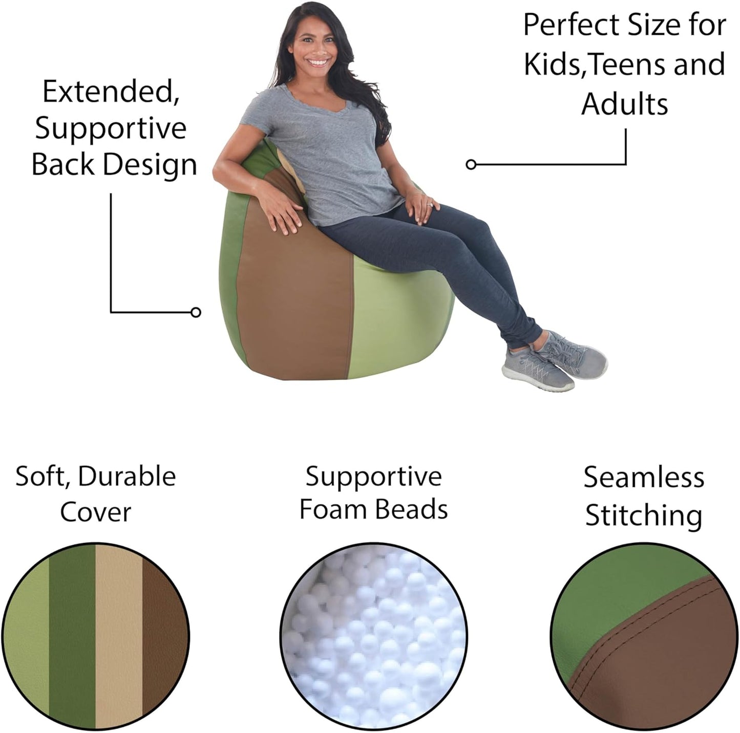 FDP SoftScape Dew Drop Bean Bag Chair with Supportive High-Back Design, For Kids, Teens and Adults, Alternative Seating for Dorms, Schools, Libraries, Daycares or Home - Earthtone