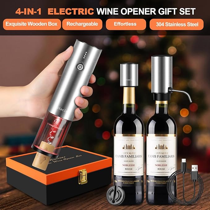 Electric Wine Bottle Opener Set, with Luxurious Wooden Gift Box, 2-in-1 Electric Decanter Wine Aerator & Dispenser, Vacuum Stopper, Foil Cutter, Automatic Wine Opener for Wine Lovers Home Bar