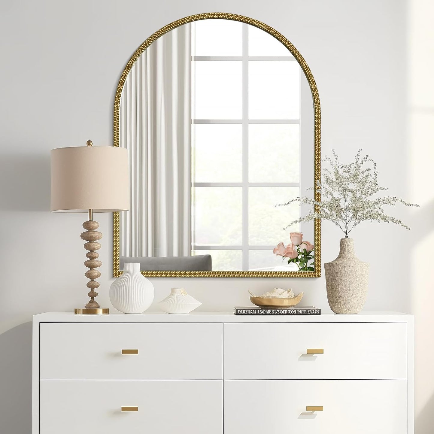WallBeyond Gold Vintage Mirror for Vanity 28x36 Inch, Gold Antique Mirror with Ornate Beaded Frame for Bathroom, Living Room, Fireplace, Entryway