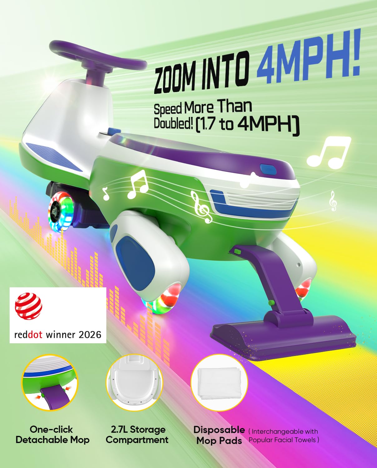 FanttikRide N10 Pro Electric Wiggle Car, USB-C Fast Charging, One-Click Detachable Mop, RGB Eye Lights, Flashing Wheels, Bluetooth, Anti-Rollover, GlideWiz, Ride on Toys for Ages 3+, 150 Lbs, Green