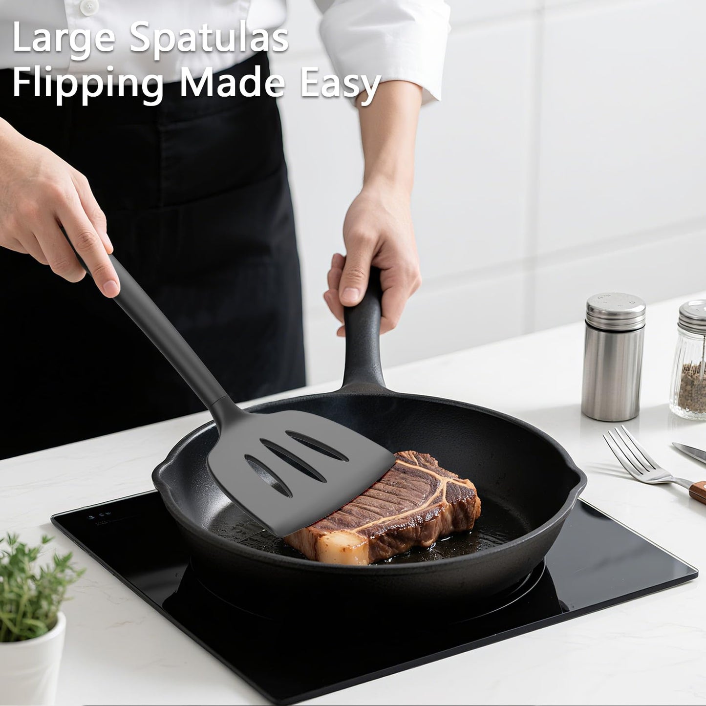 Coukre 3 Pack Silicone Spatula Set, High Heat Resistant, BPA-Free, Fish Spatula, Solid & Slotted Turner for Non-Stick Pans, Flipping Eggs, Pancakes, Fish, Burgers (3, PureBlack)