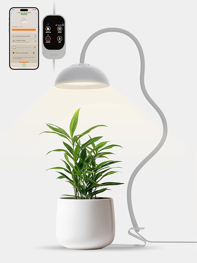 GLOWRIUM Smart Grow Lights for Indoor Plants,10W Full Spectrum Plant Lights with Bluetooth App Control, 360° Flexible Gooseneck Grow Lamp, Auto Timer 3/9/12Hrs, 10 Brightness for Small Plants (White)