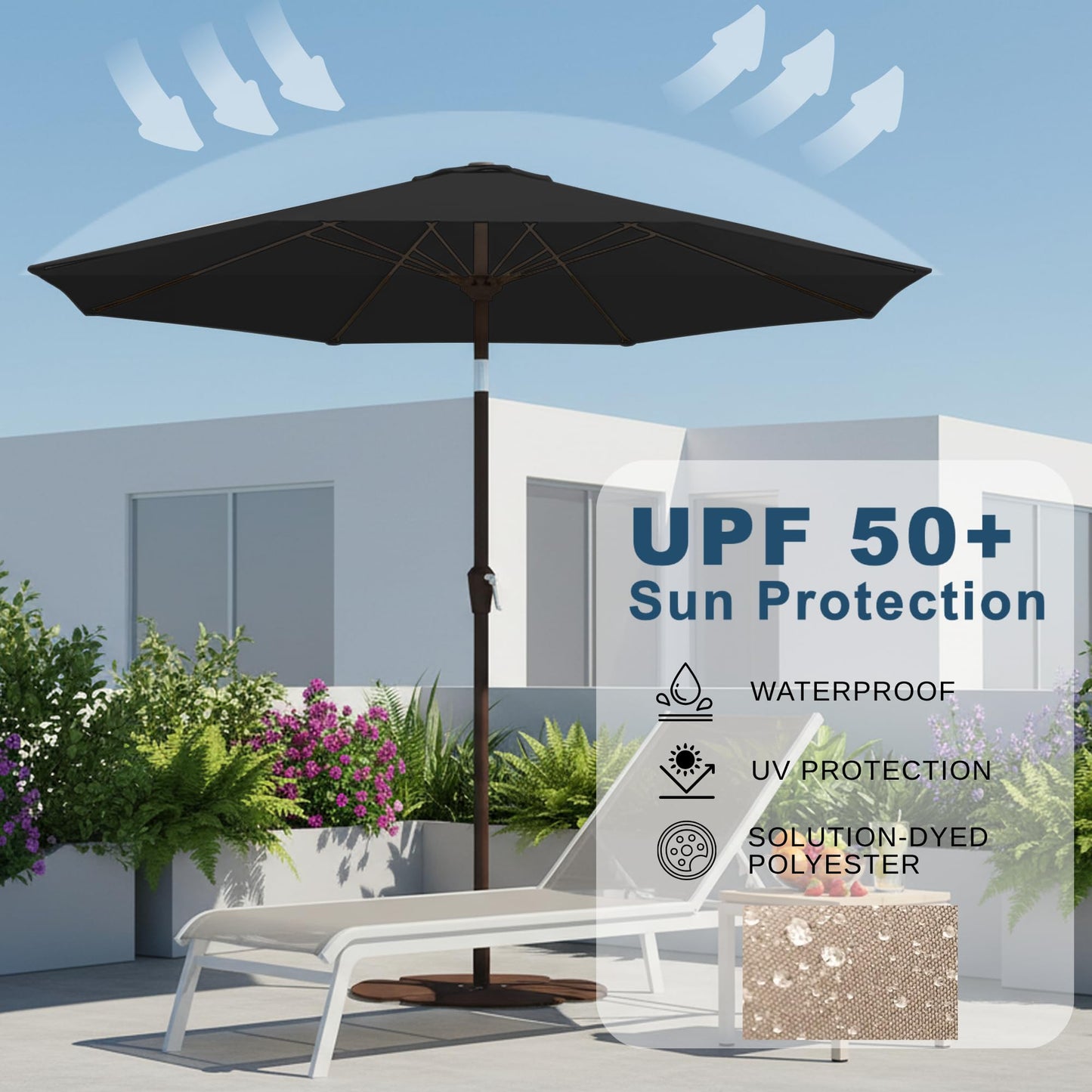 Tobeos 11FT Patio Umbrella, Outdoor Umbrella with with 8 Sturdy Fiberglass Ribs,Market Table Umbrella with Push Button Tilt and Crank,Suit for Backyard,Garden,Pool,Deck(Black)