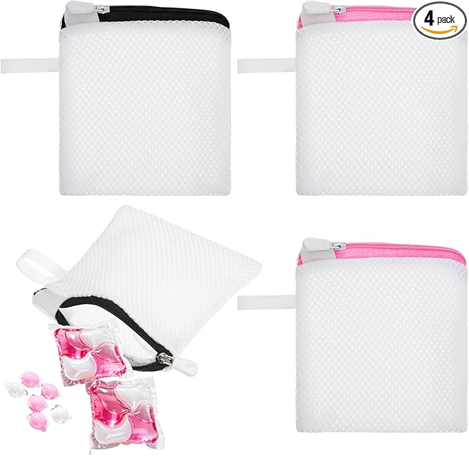 4PCS Laundry Pod Anti-Sticking Bag for Pods Scented Beads Wash Foldable Washing Machine Soap Pouch Small Mini Mesh Laundry Bag Lingerie Bags for Washing Delicates Bags Zipper
