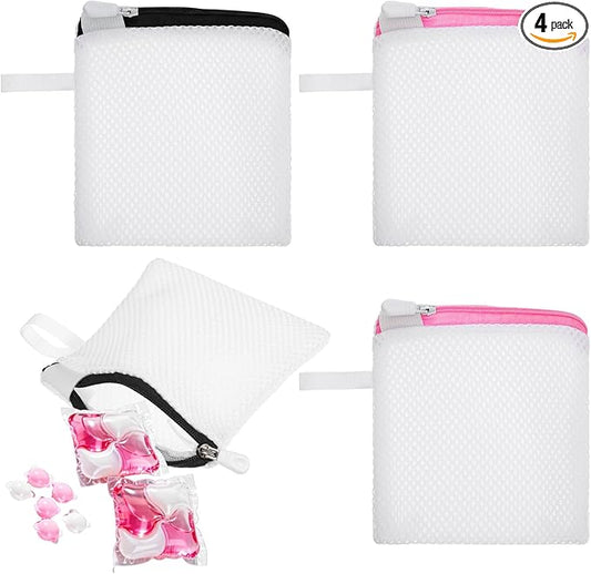 4PCS Laundry Pod Anti-Sticking Bag for Pods Scented Beads Wash Foldable Washing Machine Soap Pouch Small Mini Mesh Laundry Bag Lingerie Bags for Washing Delicates Bags Zipper