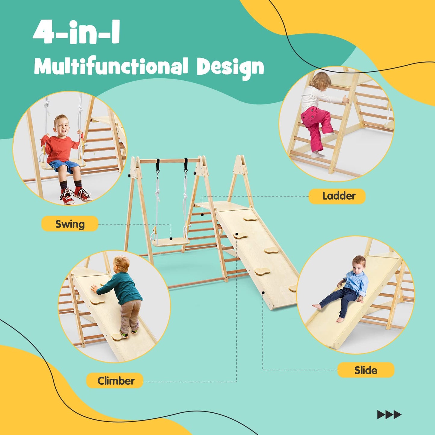 OLAKIDS Indoor Jungle Gym 4 in 1 Foldable Toddler Wooden Montessori Baby Climbing Toys with Swing Slide Ramp Ladder for Kids Playground Climb Activity Play Structure
