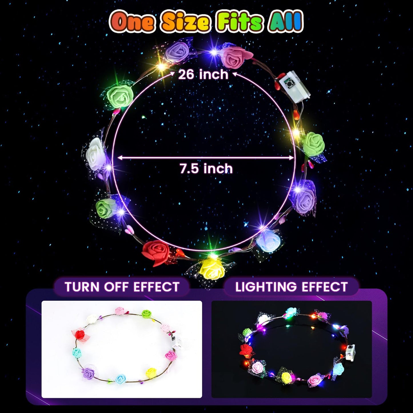 LovesTown 60PCS Glow in the Dark Party Supplies, Flower Crowns for Women Light Up Flower Crown, Light Up Party Favors for Raves Birthday Wedding Reception Mardi Gras Cosplay