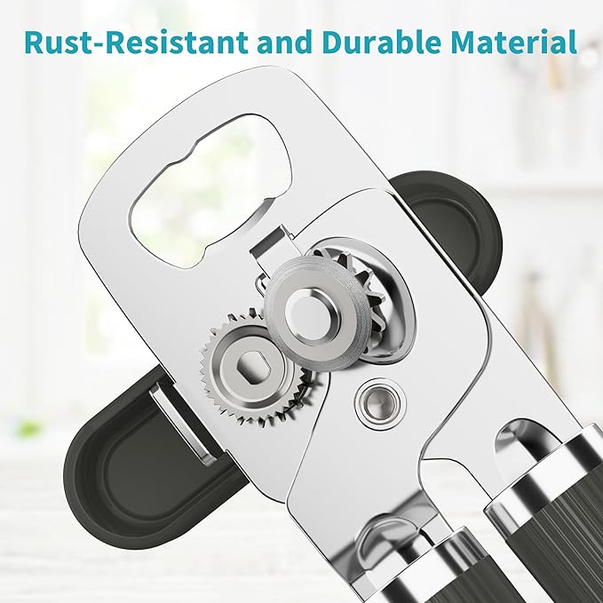 Ultrean Manual Can Opener Bottle Opener, Heavy Duty Stainless Steel Smooth Edge Manual Hand Held Can Opener With Soft Touch Handle, Rust Proof Oversized Handheld Easy Turn Knob (Gray)