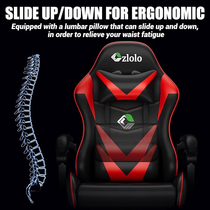Gaming Chair with Footrest Racing Style Lumbar Support Massager Video Game Chair with Metal Legs, High Back Reclining Gamer Chair with Headrest, 360° Swivel Office Computer Desk Chair (Red)