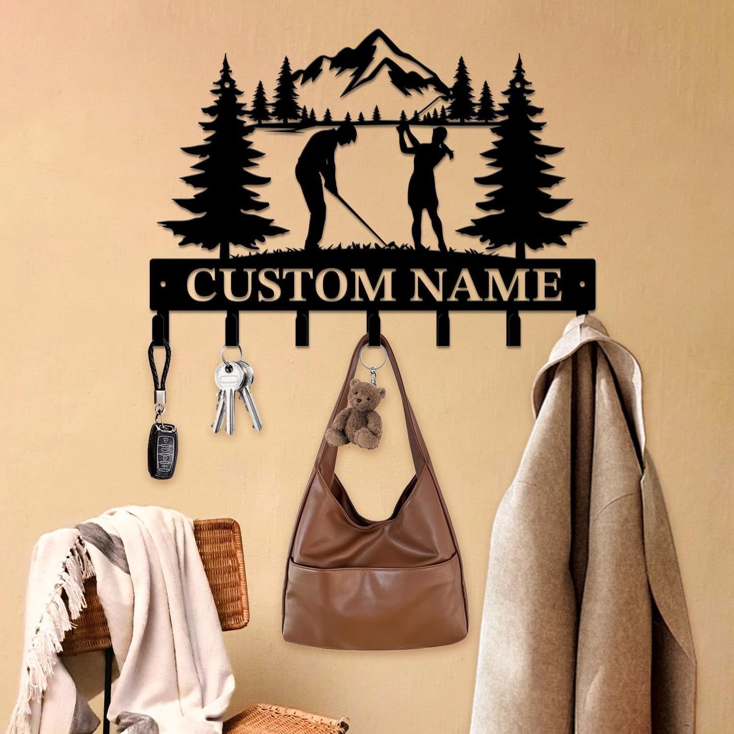 Personalized Custom Name Golf Ball Wall Keys Hooks,Metal Golf Art Clothes Hooks,Metal Golf Lover Wall Home Storage Decorative,For Front Door, Hallway, Kitchen, Bedroom,Keys,Hats (Style C)