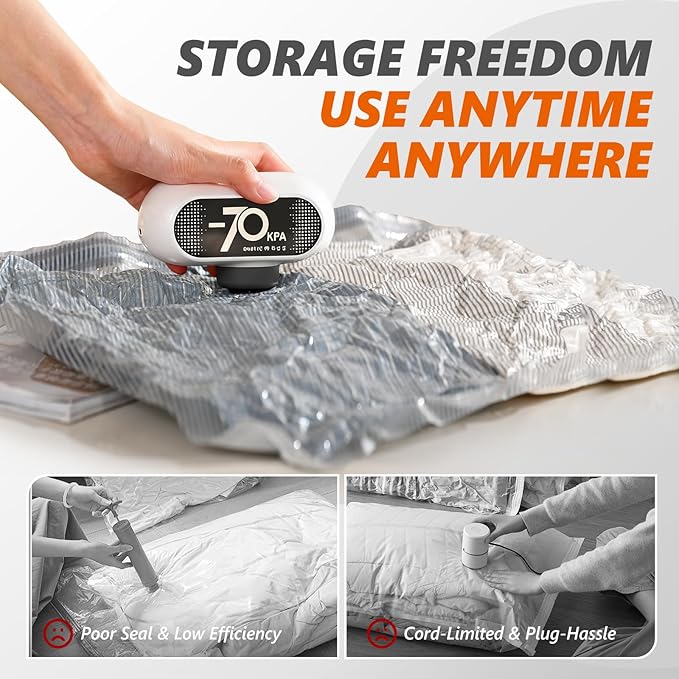 Travel Vacuum Bags with Wireless Pump, 15 Pack Vacuum Storage Bags with Powerful -70KPa Suction, for Maximum Compression in Luggage, Suitcase, Travel and Home Use for Clothes and Blankets, White