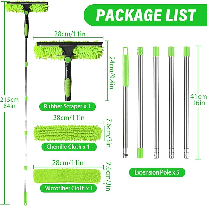 2.1m/84in Window Cleaning Squeegee Tools, 3-in-1 Window Washing Kit with 5 Extension Pole, 2 Microfiber Cloth Brush & Squeegee, Telescopic Window Cleaner Tool for High Window, Car Glass