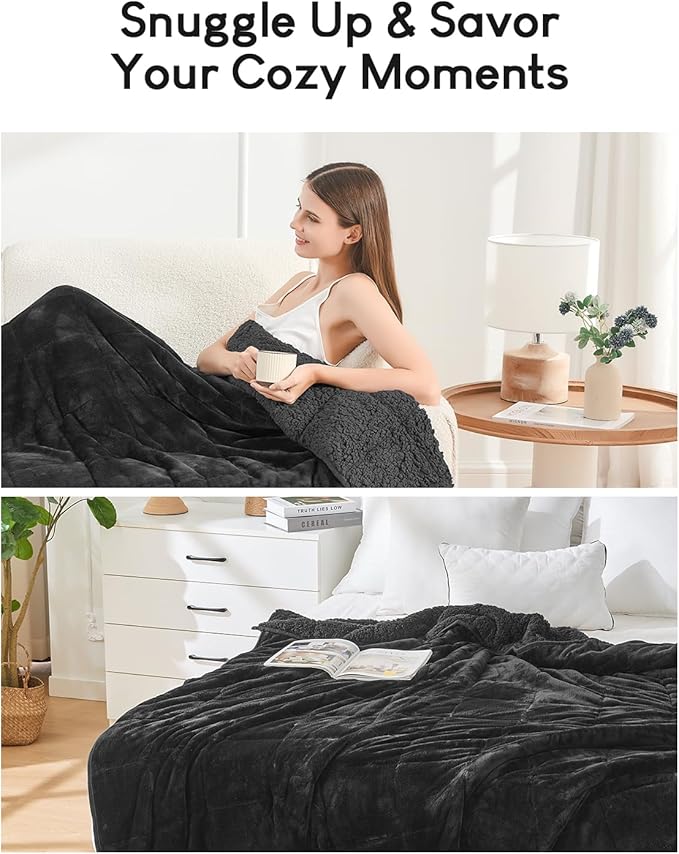 Cottonblue Sherpa Fleece Weighted Blanket 15lbs for Twin/Full Ded - Plush Bed Blanket for Deep Sleep and Relaxation, Heavy Calm Blankets with Cemaric Beads, 48x72 Inches, Black