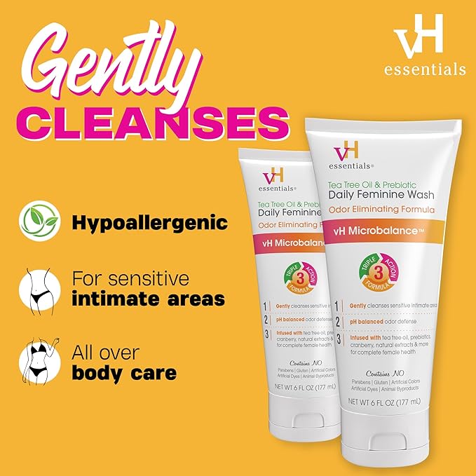 vH essentials, Ph Balanced Daily Feminine Wash, Tea Tree Oil & Prebiotic, 6, Fl Oz, (Pack Of 2) 54306 Clear