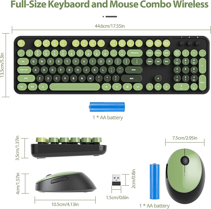 Wireless Keyboard and Mouse Set, Retro Typewriter, 2.4GHz Full Size 104-Key Cute Keyboard with Number Pad, Colorful with Round Keycaps for Windows PC Laptop(Dark Green)