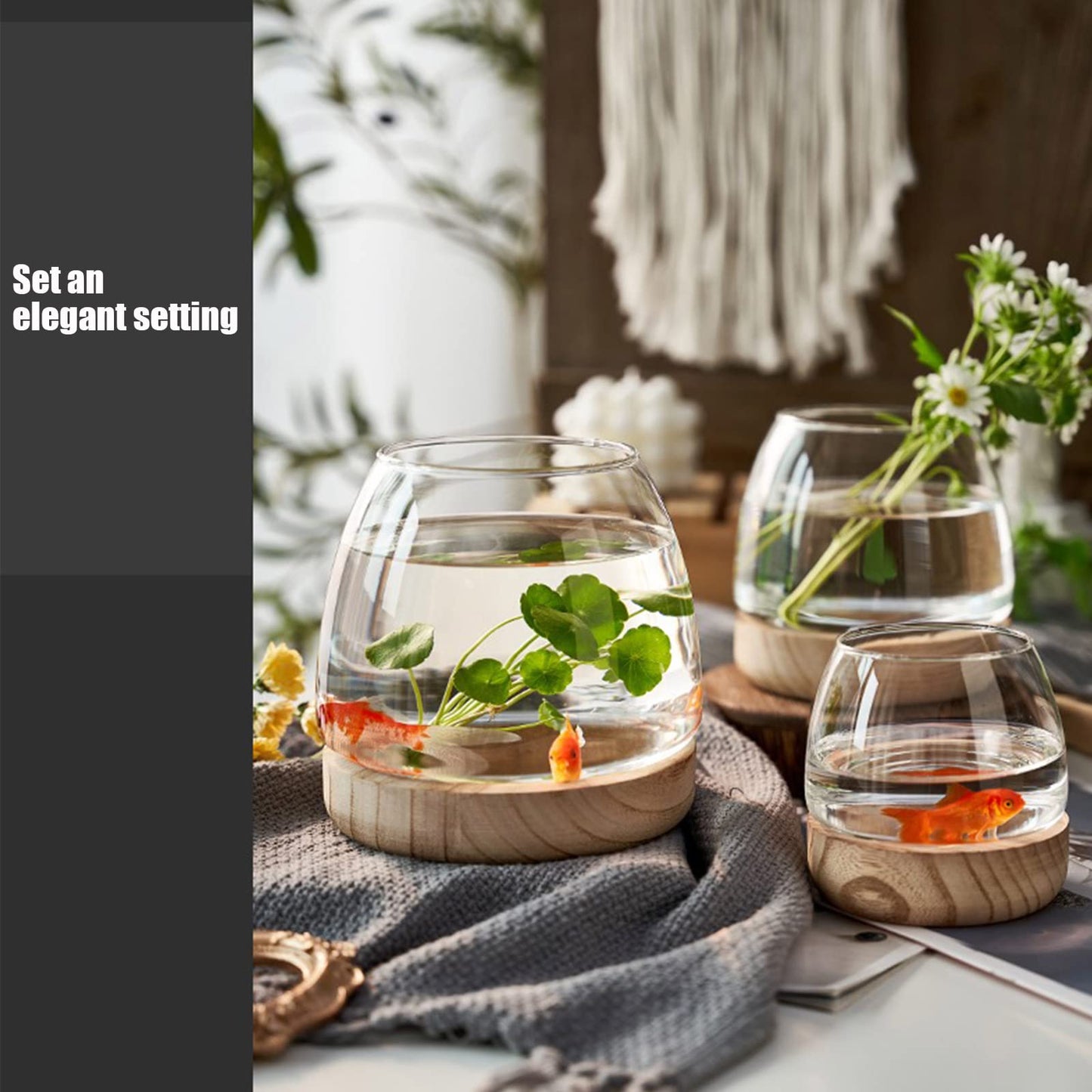 Glass Vase with Wooden Support Base, 1pcs Clear Glass Bubble Vase, Hydroponic Plant Terrarium Aquarium Goldfish Bowl for Home Office Centerpieces Flower Arrangement Decor (A 30 × 24 × 24 cm)