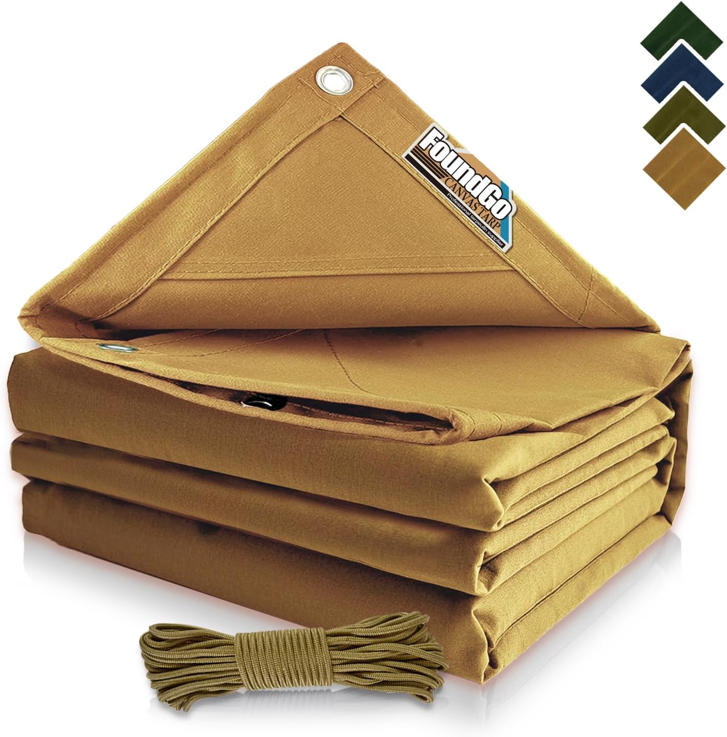 FoundGo 8x12ft Canvas Tarp 22 Mil Tarps 14 oz Canvas Tarpaulin Heavy Duty Cloth Water/UV Resistant Cover with Rustproof Grommets & Ropes for Cars,Roofs,Boats,Camps,Sunshades，Moisture Barrier -Tan