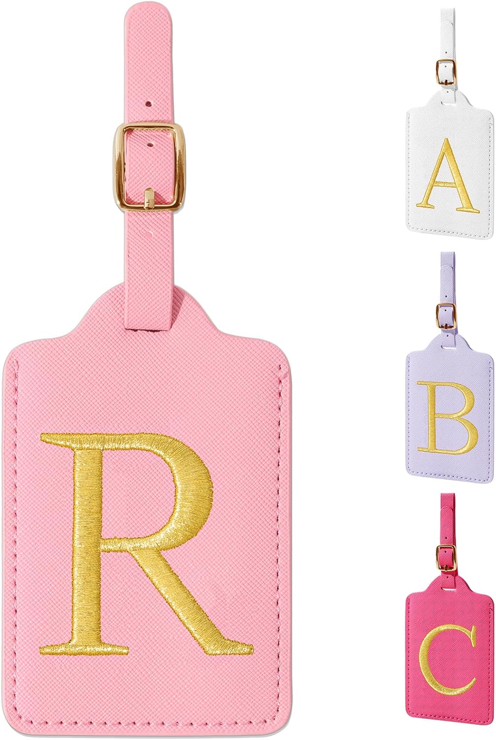 Personalized Initial Luggage Tags for Suitcase, Pink Leather Cute Luggage Tags with Privacy Cover Name Card, Embroidered Custom Monogrammed Luggage Tag Travel Bag Baggage Tags Gifts for Women Kids(R)