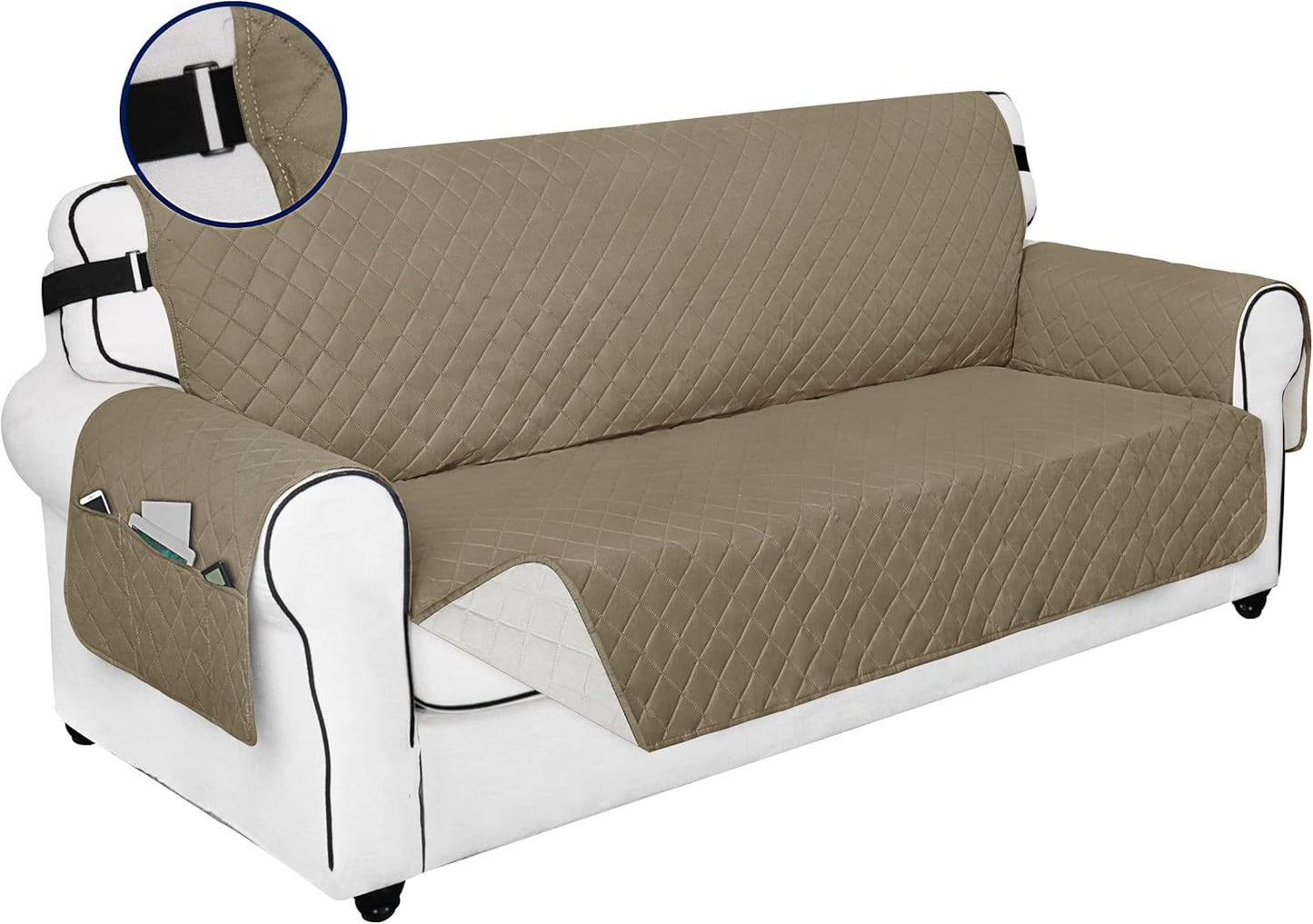 PureFit Reversible Sofa Couch Cover Water Resistant Couch Covers for 3 Cushion, Washable Furniture Cover with Non-Slip Foam and Adjustable Strap for Dogs, Pets (Sofa, Beige/Ivory)