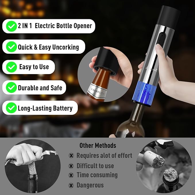 Electric Wine Bottle Opener and Beer Opener 2-in-1, Rechargeable Automatic Corkscrew with Foil Cutter, One-click Wine Opener Electric for Home Kitchen Party Wedding