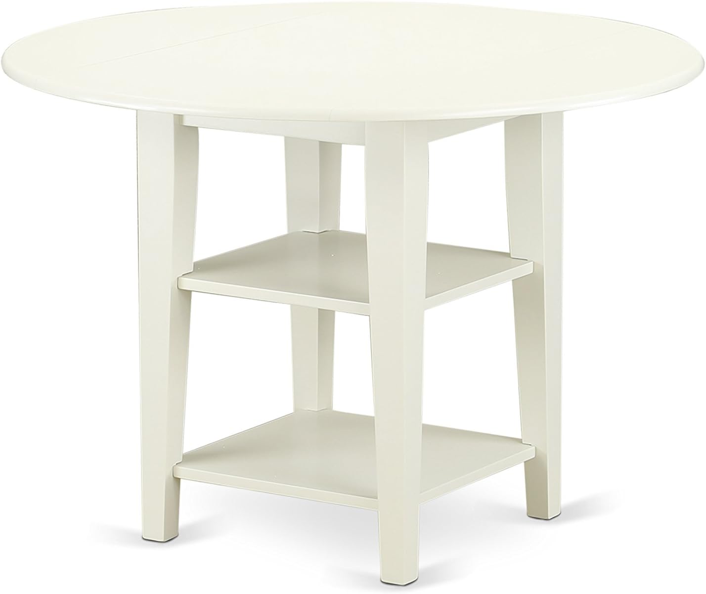 East West Furniture SUAD5-LWH-LC 5 Piece Dining Room Furniture Set Includes a Round Kitchen Table with Dropleaf & Shelves and 4 Faux Leather Upholstered Chairs, 42x42 Inch, Linen White