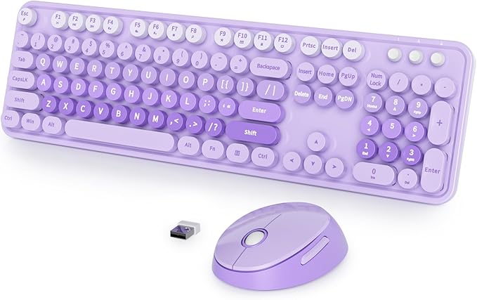 Wireless Keyboard and Mouse Set, Retro Typewriter Keyboards, 2.4GHz Full Size 104-Key Cute Keyboard with Number Pad, Colorful Keyboard with Round Keycaps for Windows PC Laptop(Purple)