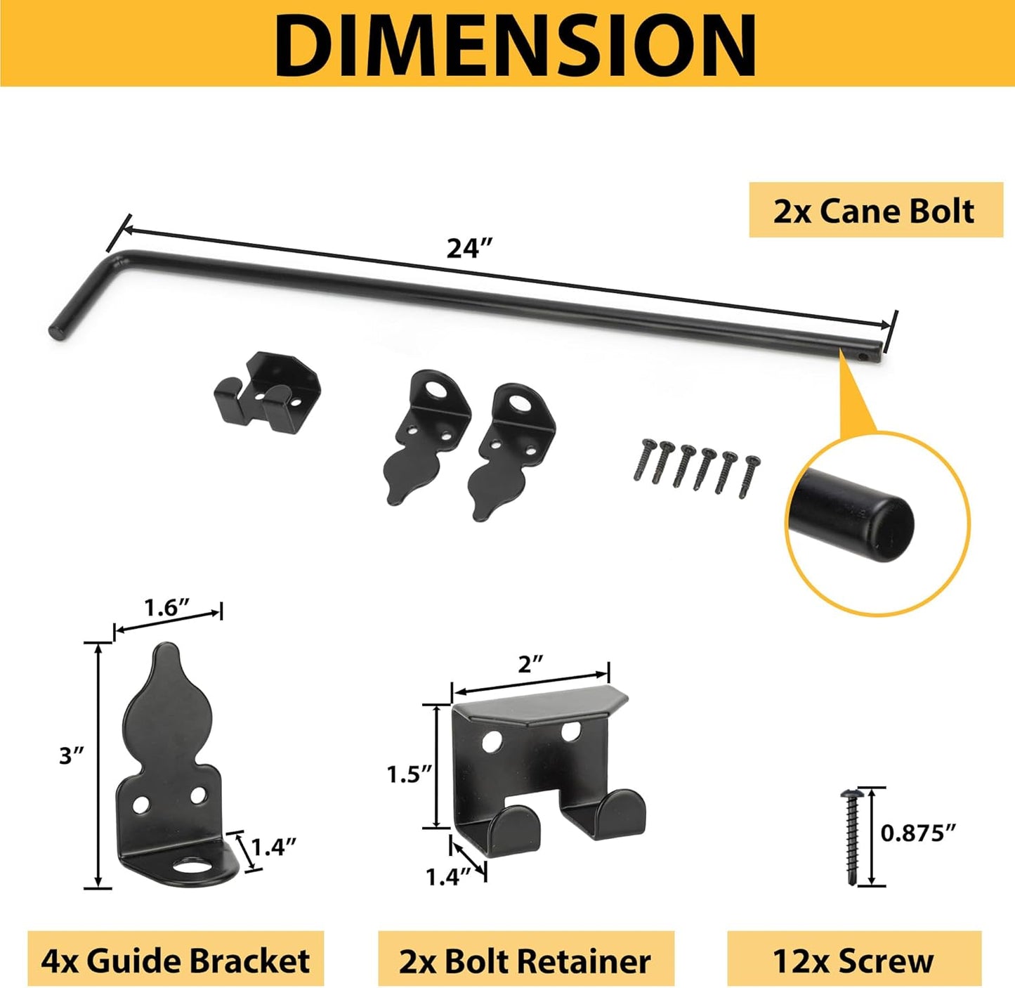24" Heavy Duty Cane Bolts for Gates with Black Rustproof Powder Upgraded Hardware Gate Drop Rod for Wood PVC Vinyl Fences Gates, Double Doors-2 Pack