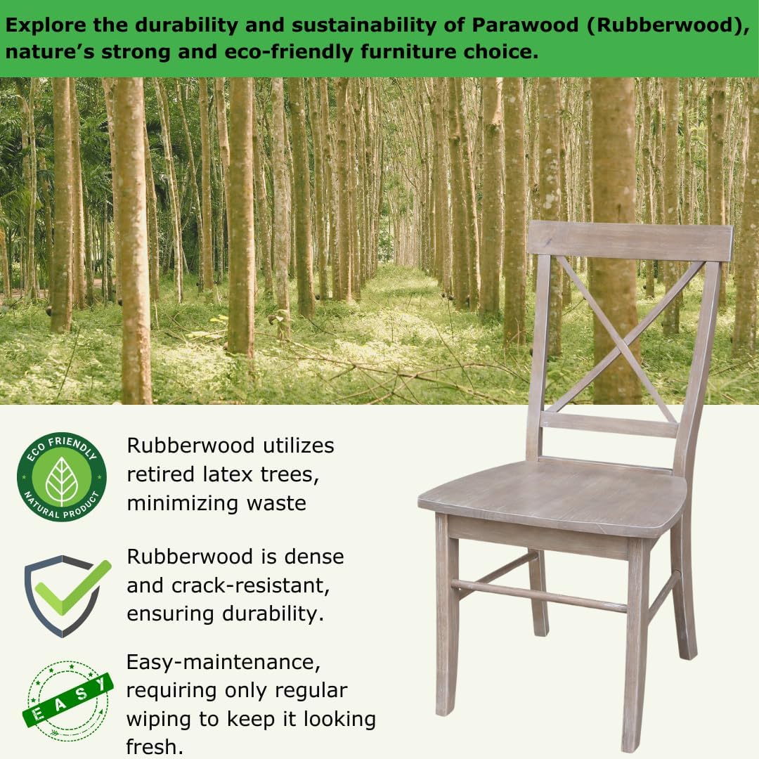X-Back Dining Chairs Set of 2 Washed Gray Taupe Solid Wood Parawood Construction, Stylish and Comfortable Chairs for Kitchen/Dining, 18.9"W x 22.2"D x 36.9"H, 225 lb Weight Capacity