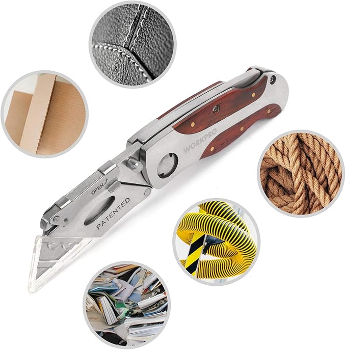 WORKPRO Quick-Change Utility Knife, Classical Retro Style Wood Grain Handle, Back Lock Folding Knife with Clip