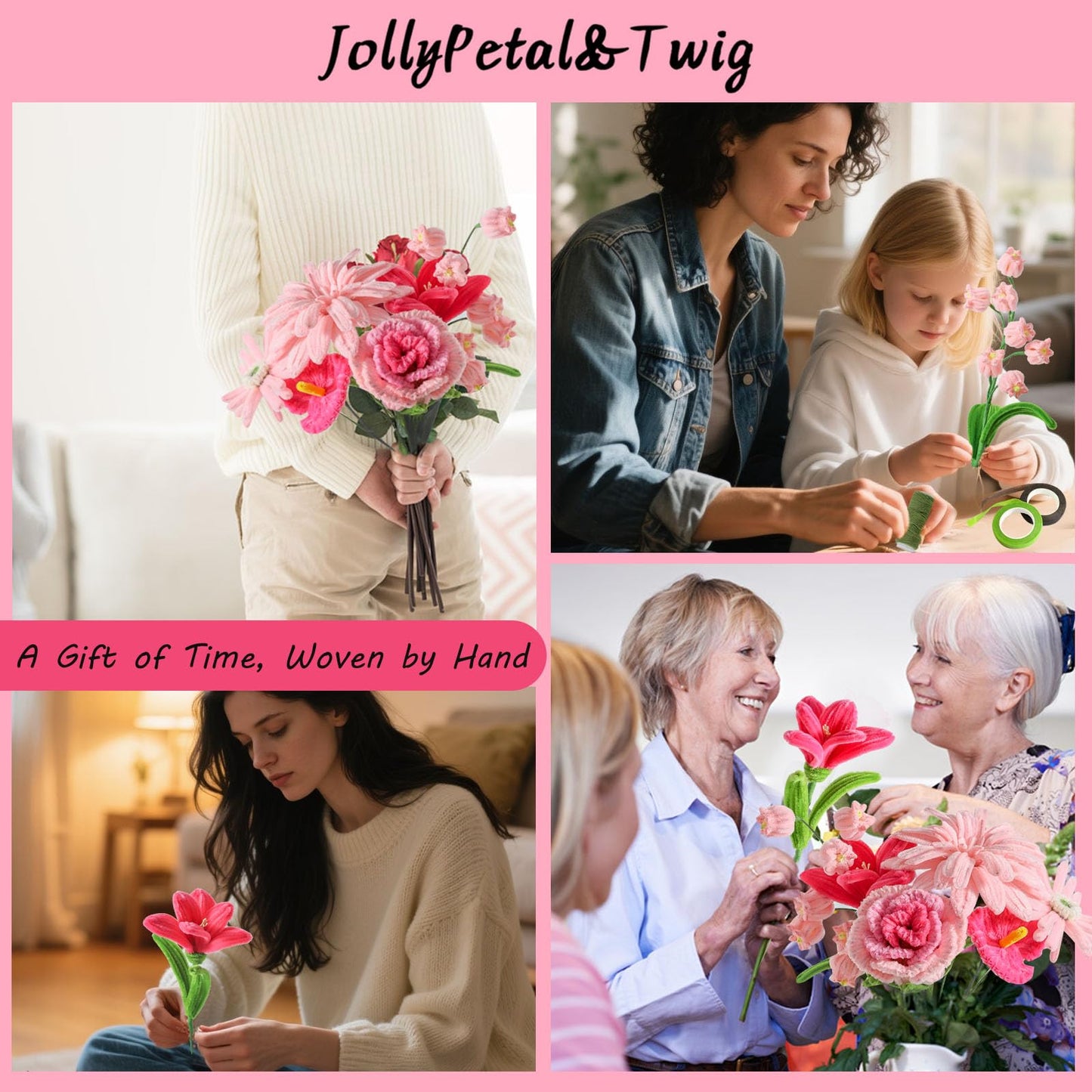 JollyPetal&Twig Pipe Cleaners Craft 5 Colors,Chenille Stems Plush Craft Kit,Pink Pipe Cleaners Flowers Kit with Floral Tape for Wedding Gifts Graduation Bouquet (Pink)