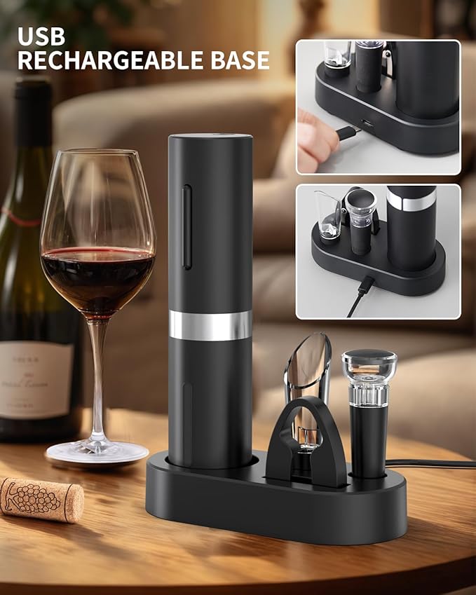 CIRCLE JOY Electric Wine Bottle Opener Set - Rechargeable Cordless Wine Corkscrew with Charging Base, Foil Cutter, Aerator Pourer and Stopper