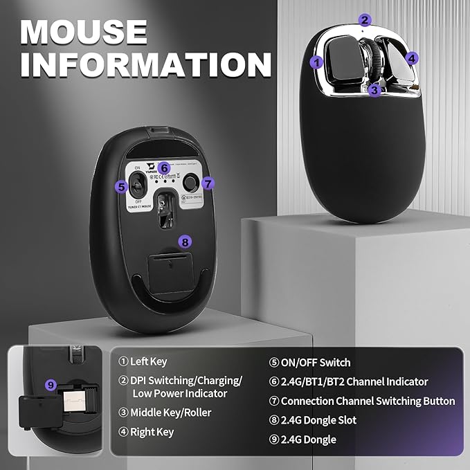 YUNZll C1 Silicone Wireless Mouse, Tri-Mode 2.4G/USB-C/Bluetooth Mouse, 4800 DPl Optical Tracking, 6 Adjustment Levels,Customize Mice for Laptop, Computer, iPad, MacBook (Black Silver)