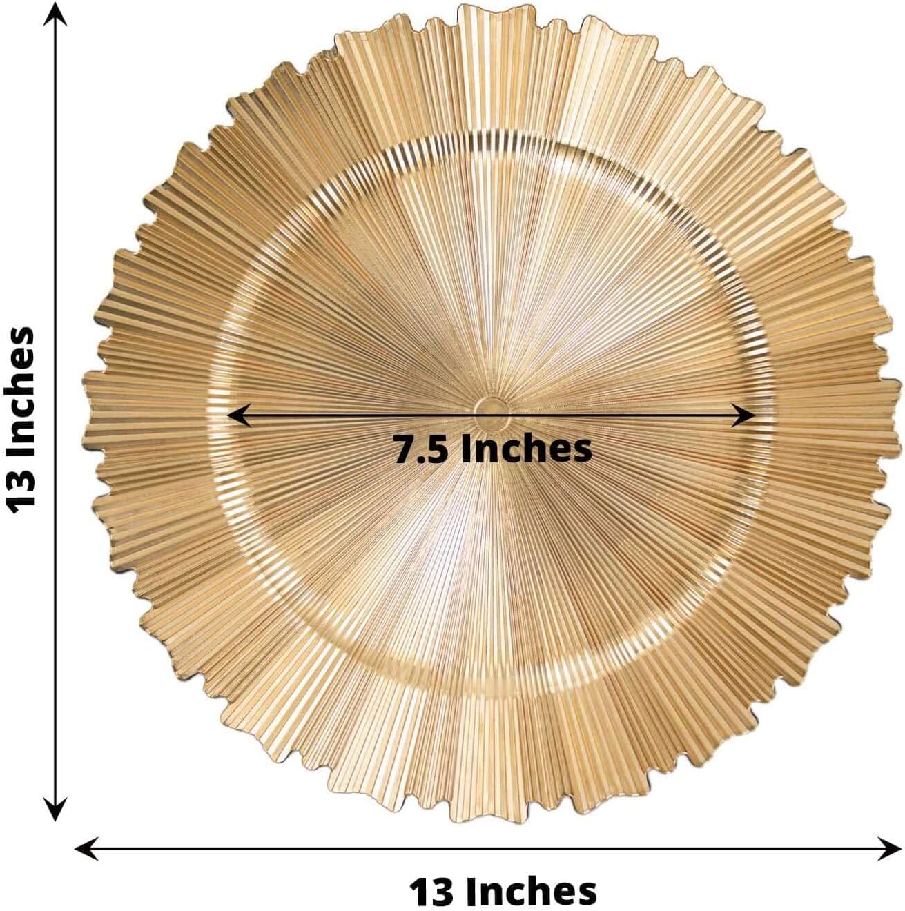 Efavormart 6 Pack | 13" Metallic Gold Sunray Acrylic Plastic Serving Plates, Round Scalloped Rim Disposable Charger Plates