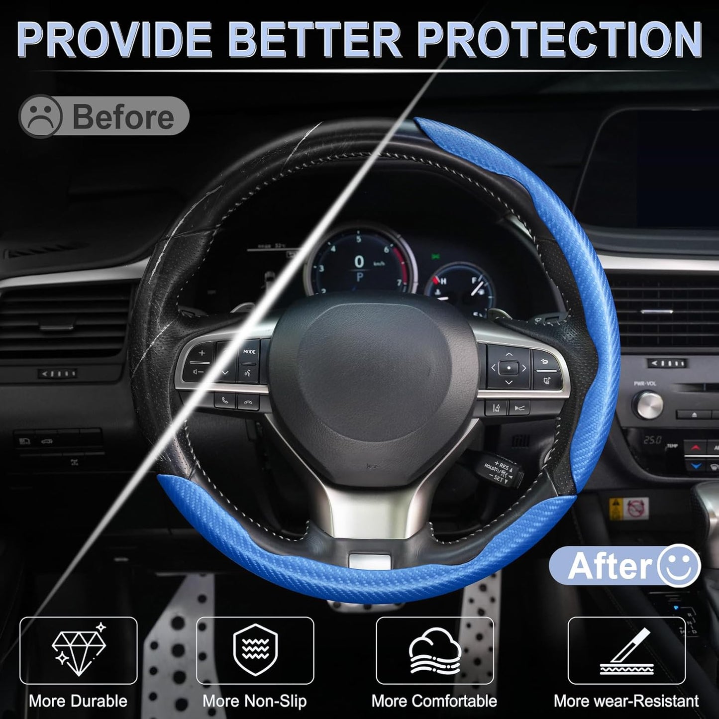 Amiss 3pcs Carbon Fiber Anti-Skid Steering Wheel Cover, Segmented & Butterfly Design, Universal 99% Car Wheel Cover Protector, Blue