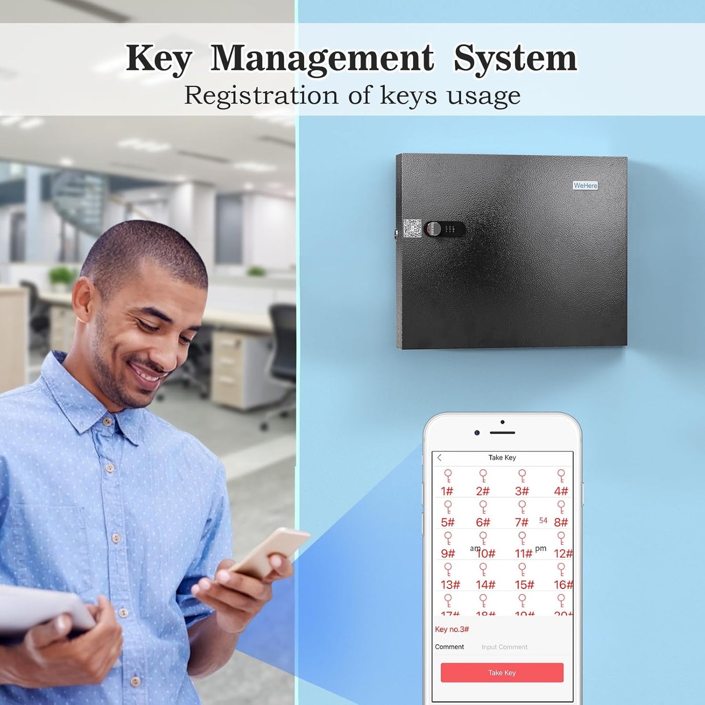 WeHere Key Lock Box, Wall Mount Key Cabinet With 16 Key Tags & Combination Lock - Mini ERP - Great for Valets, Hotels and House Keeps
