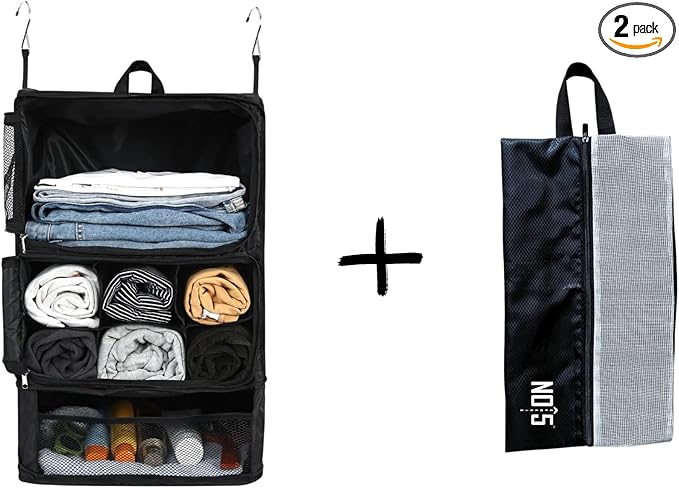 Large Capacity Hanging Organizer - Travel, Suitcase Compression, Luggage Packing, Clothes Closet, Portable Storage Shelves, Includes Shoe Bag