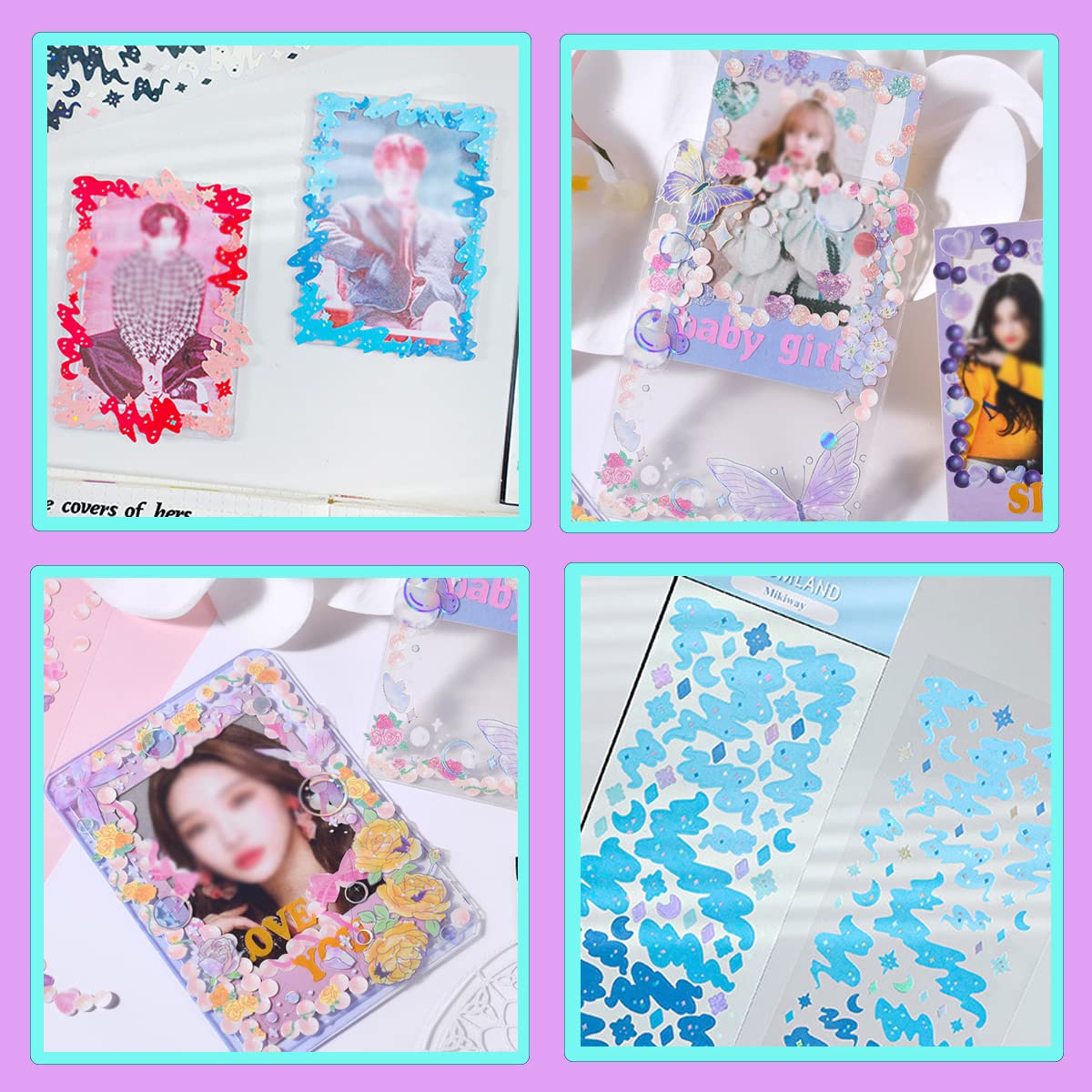 Lora Rossie 6 Kpop Photocard Holder Keychain Toploaders,50 Holographic Card Sleeves for Trading Cards Kpop Photocard,22 Ribbon Deco Korean Stickers for Photocards Binder Album Scrapbooking Top Loader