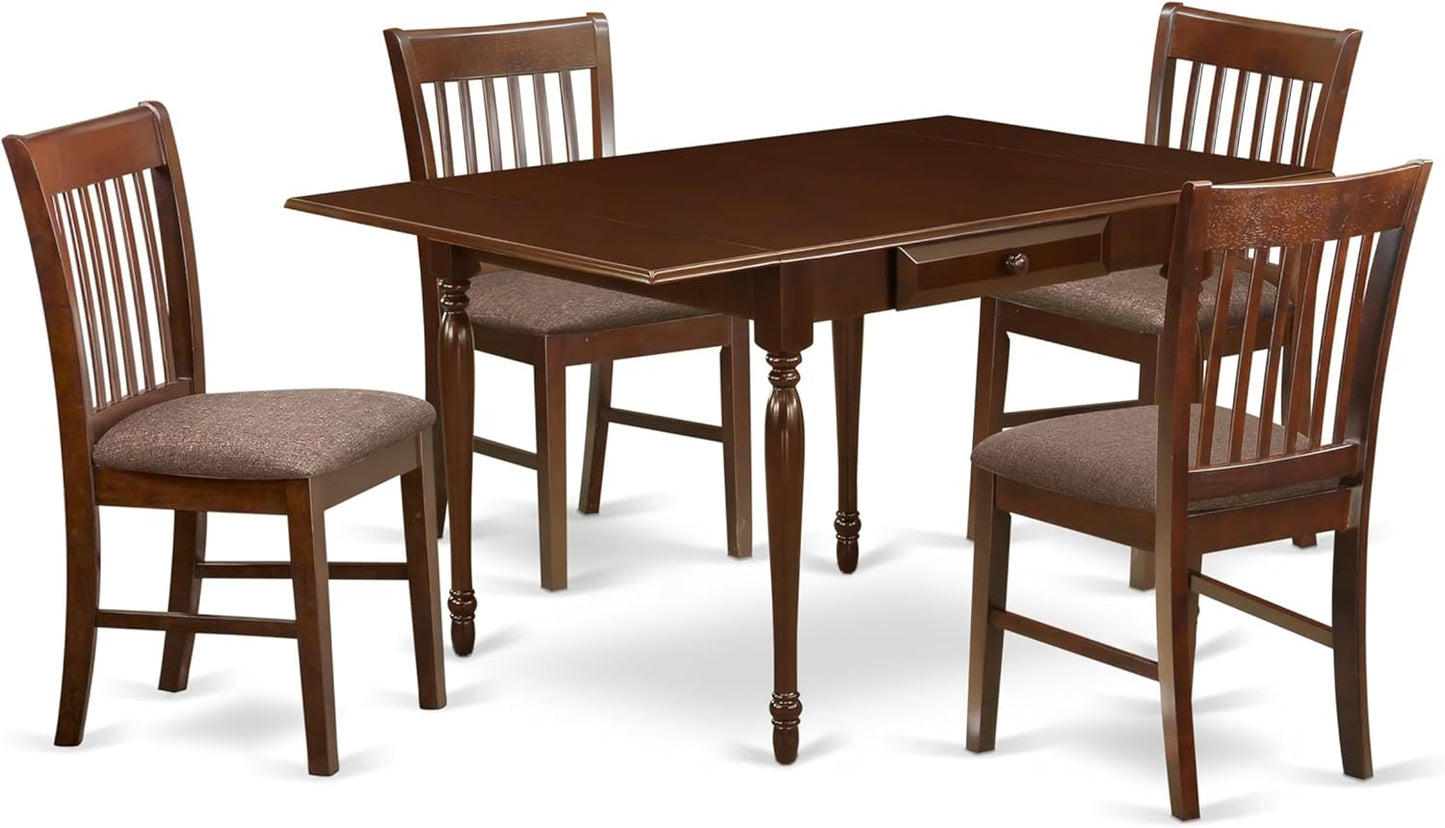 East West Furniture MZNO5-MAH-C 5 Piece Modern Dining Table Set Includes a Rectangle Wooden Table with Dropleaf and 4 Linen Fabric Dining Room Chairs, 36x54 Inch, Mahogany
