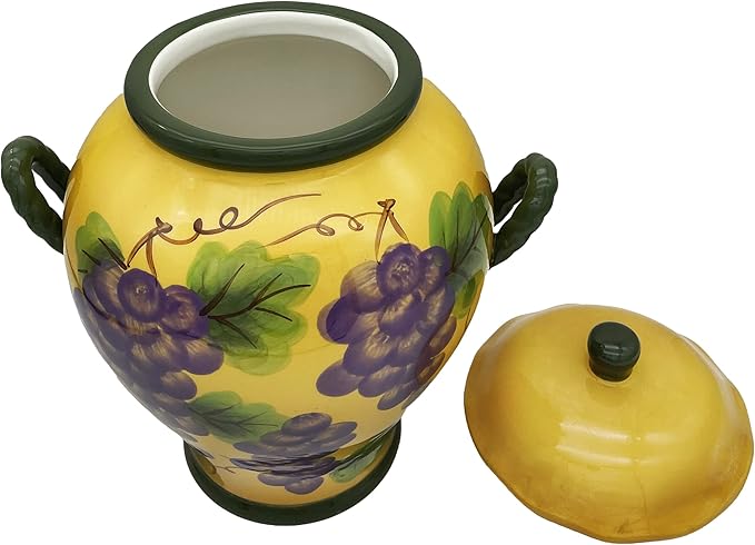 ACK Tuscany Grape Hand Painted Ceramic Cookie Jar with Lid and and Rubber Seal, Food Storage Jar, Kitchen Décor, Snack Storage Container for Cookie, Candy