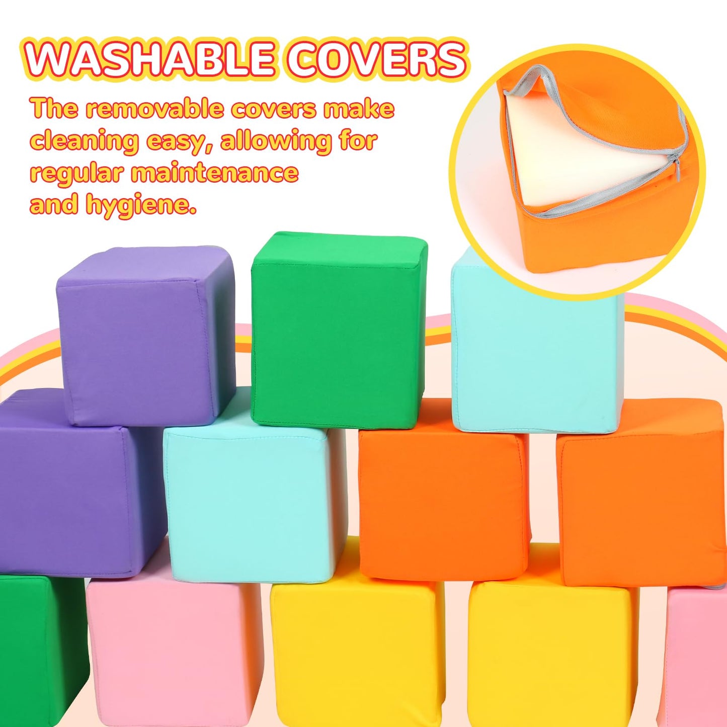 Foam Blocks for Toddlers, 12 PCS Soft Building Blocks for Kids, Large Foam Cubes Colourful Stacking Block Sets - Throw & Play Toys with Washable Cover(Pink, Light Blue, Yellow, Orange, Green, Purple)