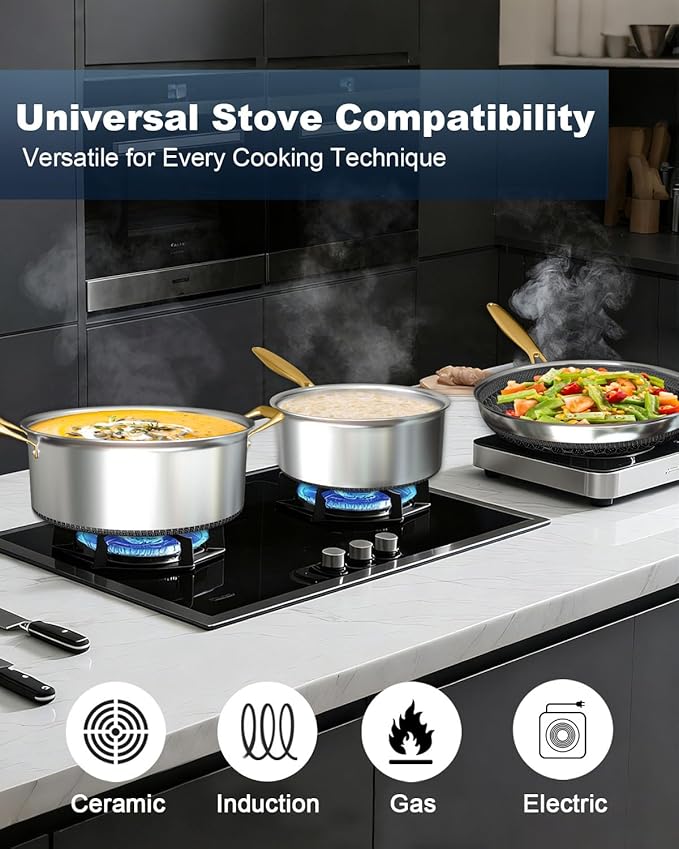 FogDream 5 Pcs Stainless Steel Cookware Set, 9.5in Non Stick Frying Pan, 5-Quart Soup Pot & 2.3-Quart Sauce Pan with 2 Lids, Stay-Cool Handles, Dishwasher & Oven-Safe, Induction Compatible, Gold